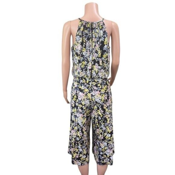 London Times Women SZ 10 Pull On Romper Jumpsuit Floral Pattern Wide Knee Legs - Picture 2 of 13